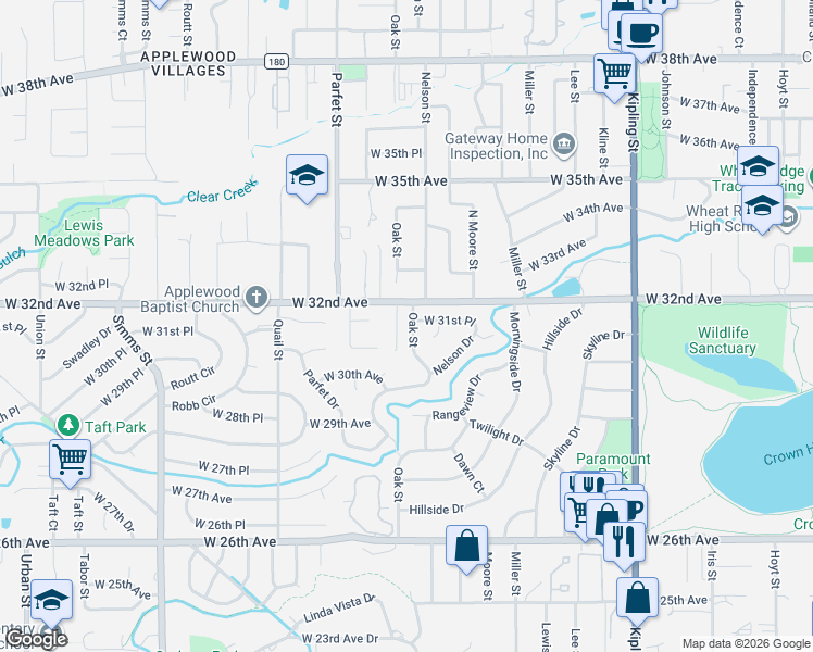 map of restaurants, bars, coffee shops, grocery stores, and more near 3061 Oak Street in Lakewood