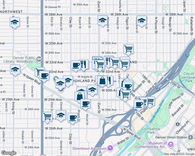 map of restaurants, bars, coffee shops, grocery stores, and more near 3101 Zuni Street in Denver