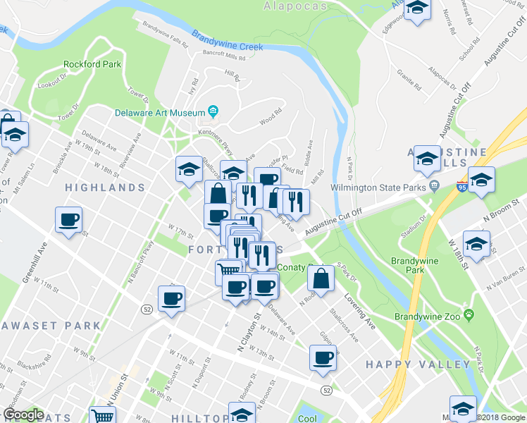 map of restaurants, bars, coffee shops, grocery stores, and more near 1914 North Lincoln Street in Wilmington