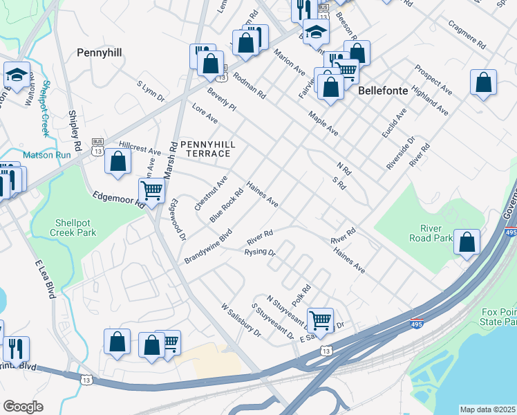 map of restaurants, bars, coffee shops, grocery stores, and more near 200 Brandywine Boulevard in Wilmington