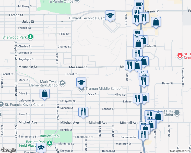 map of restaurants, bars, coffee shops, grocery stores, and more near 3227 Olive Street in St. Joseph