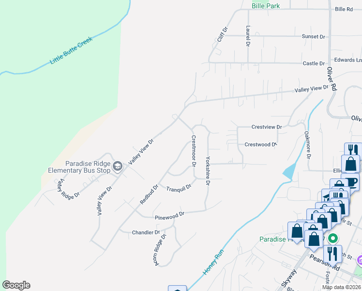 map of restaurants, bars, coffee shops, grocery stores, and more near 333 Redbud Drive in Paradise