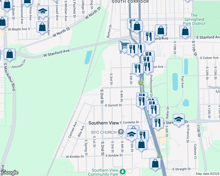 map of restaurants, bars, coffee shops, grocery stores, and more near 3000 South 3rd Street in Southern View
