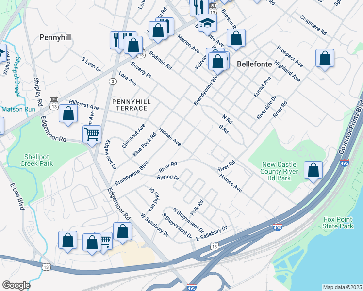 map of restaurants, bars, coffee shops, grocery stores, and more near Lighthouse Road in Wilmington