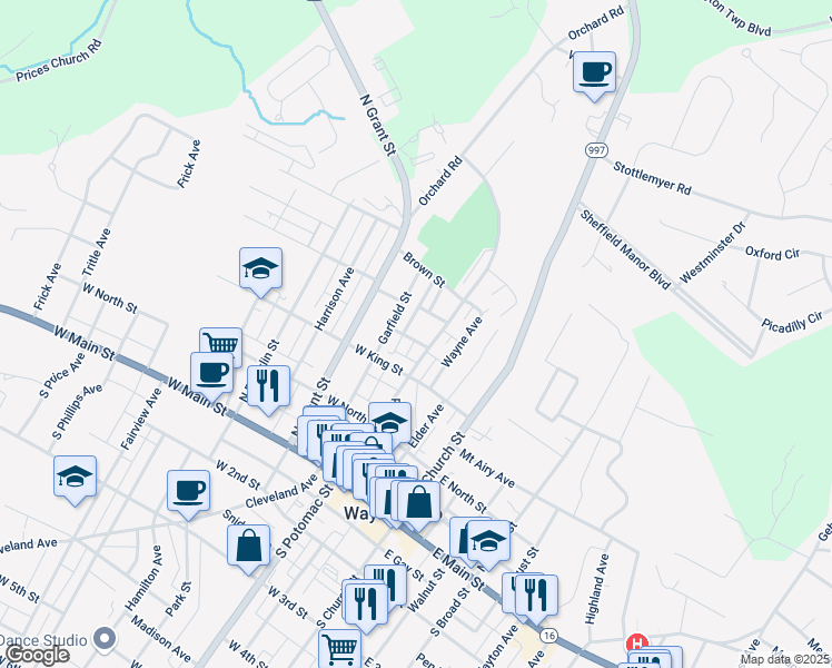 map of restaurants, bars, coffee shops, grocery stores, and more near 107 Linden Avenue in Waynesboro