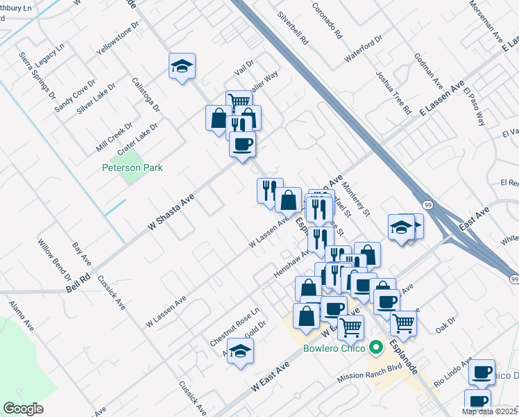 map of restaurants, bars, coffee shops, grocery stores, and more near 123 Mandalay Court in Chico