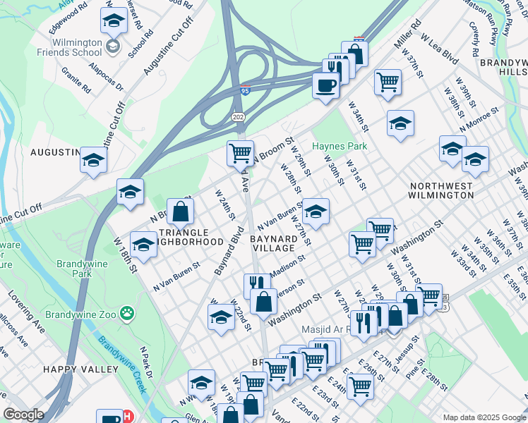 map of restaurants, bars, coffee shops, grocery stores, and more near 710 West 26th Street in Wilmington