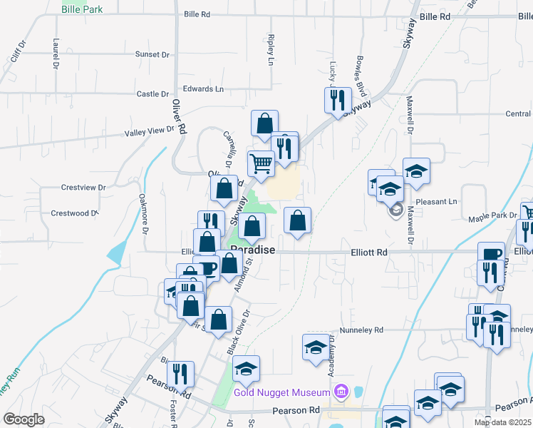 map of restaurants, bars, coffee shops, grocery stores, and more near 771 Elliott Road in Paradise