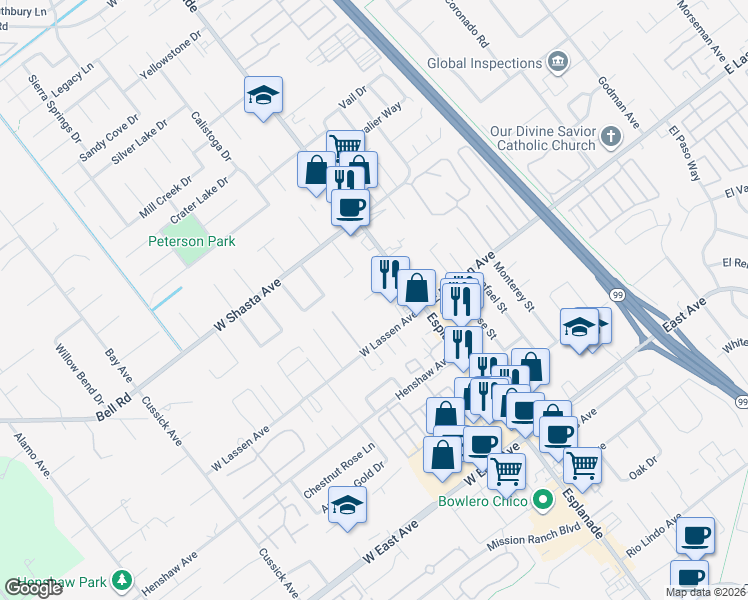 map of restaurants, bars, coffee shops, grocery stores, and more near 136 West Lassen Avenue in Chico