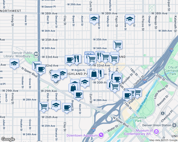 map of restaurants, bars, coffee shops, grocery stores, and more near 2411 West Argyle Place in Denver
