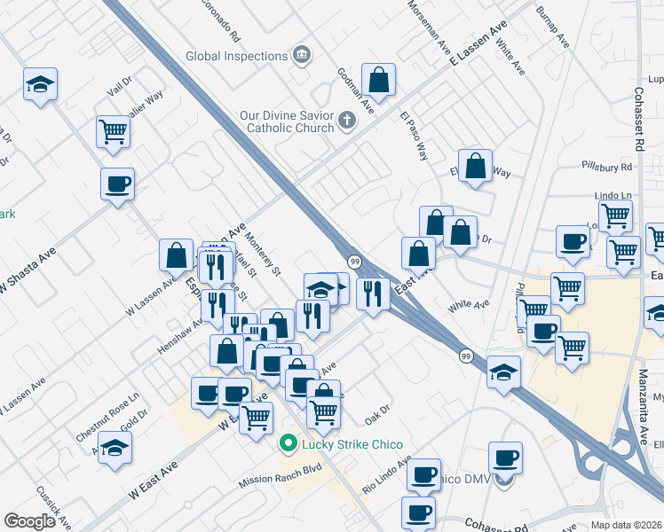 map of restaurants, bars, coffee shops, grocery stores, and more near 39 Franciscan Way in Chico