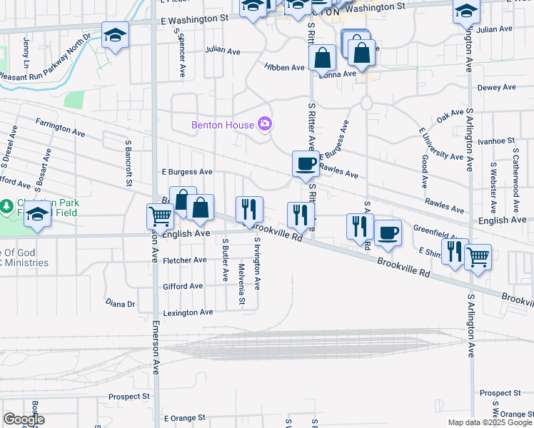 map of restaurants, bars, coffee shops, grocery stores, and more near 5413 Greenfield Avenue in Indianapolis
