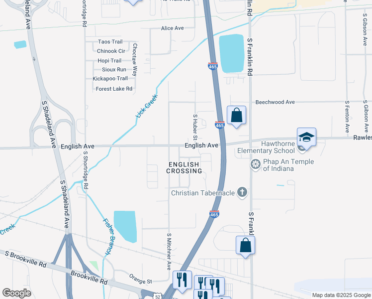map of restaurants, bars, coffee shops, grocery stores, and more near 7701 English Avenue in Indianapolis