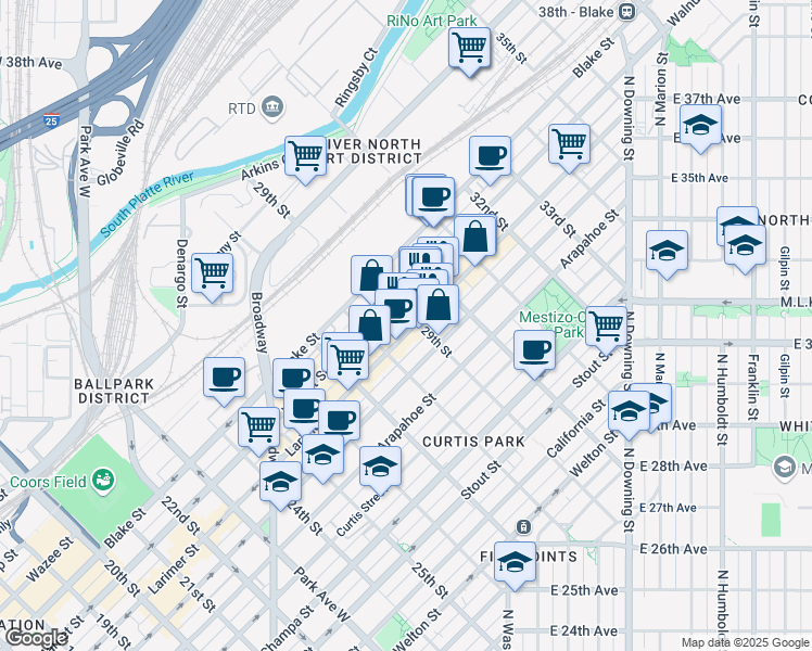 map of restaurants, bars, coffee shops, grocery stores, and more near 2900 Walnut Street in Denver