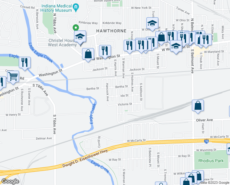 map of restaurants, bars, coffee shops, grocery stores, and more near 322 South Harris Avenue in Indianapolis
