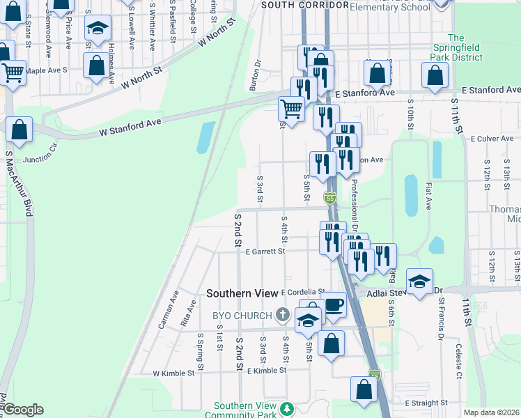 map of restaurants, bars, coffee shops, grocery stores, and more near 2998 S 3rd St in Southern View