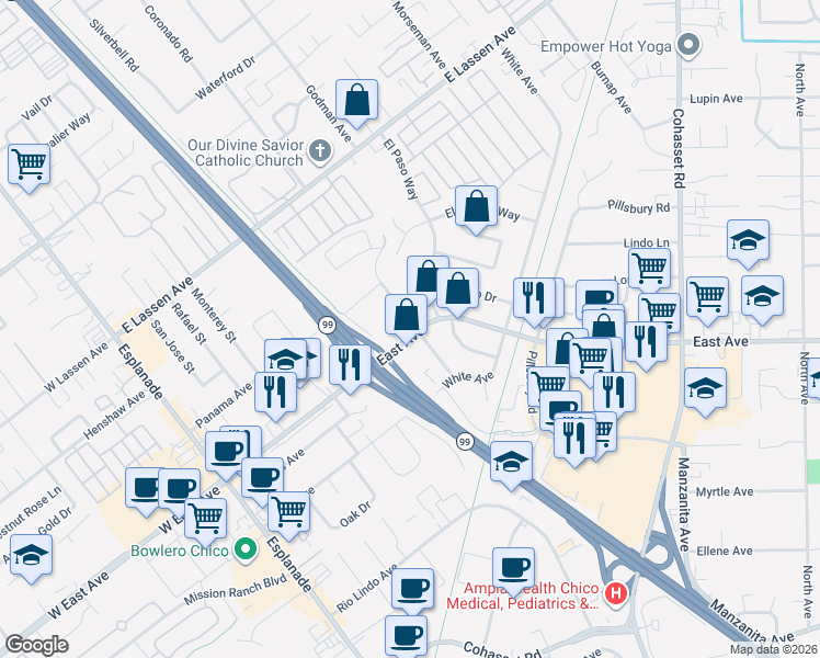 map of restaurants, bars, coffee shops, grocery stores, and more near 2520 Tom Polk Avenue in Chico