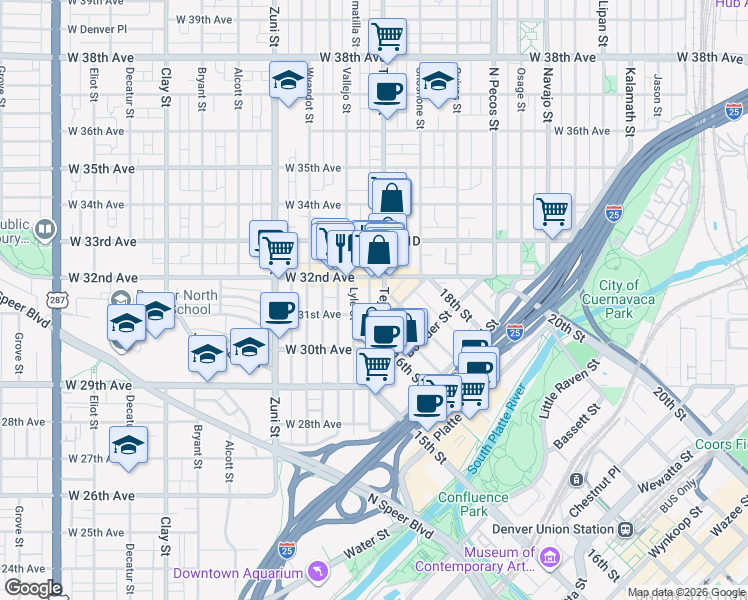 map of restaurants, bars, coffee shops, grocery stores, and more near in Denver