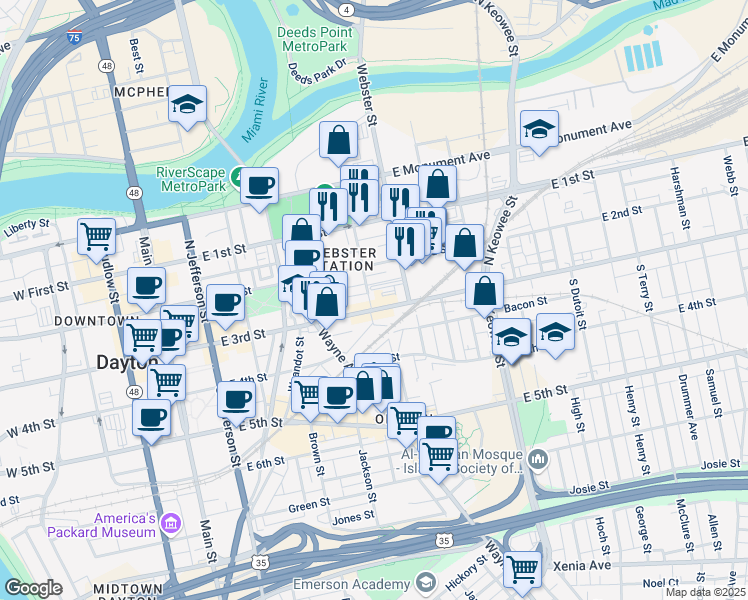 map of restaurants, bars, coffee shops, grocery stores, and more near 601 East 3rd Street in Dayton