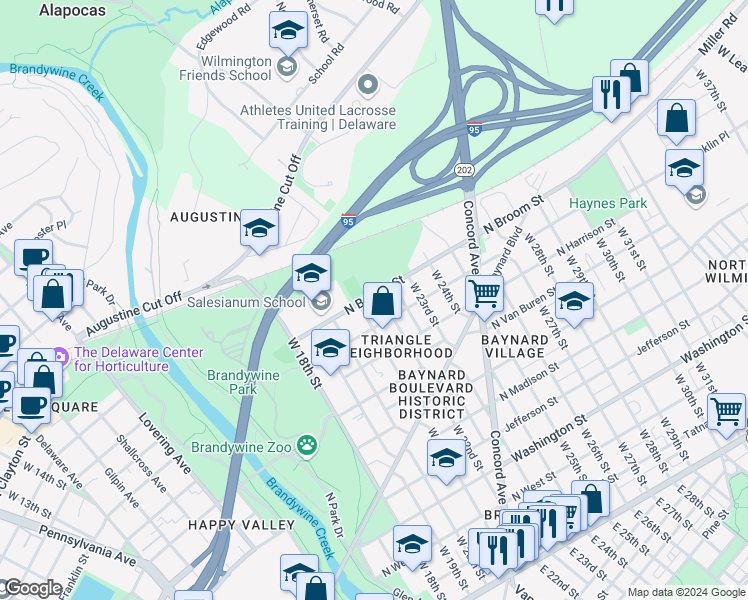 map of restaurants, bars, coffee shops, grocery stores, and more near 910 West 22nd Street in Wilmington