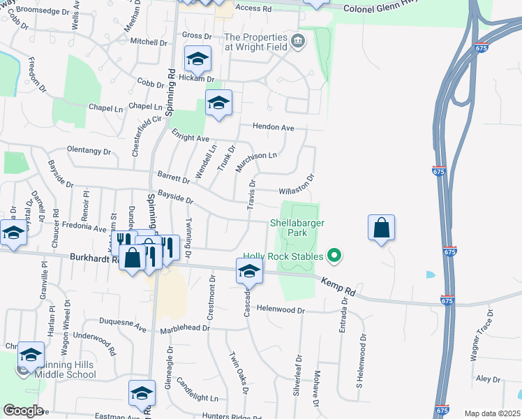 map of restaurants, bars, coffee shops, grocery stores, and more near 5858 Willaston Drive in Dayton