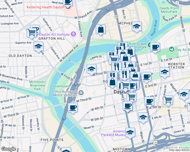 map of restaurants, bars, coffee shops, grocery stores, and more near 301 West First Street in Dayton
