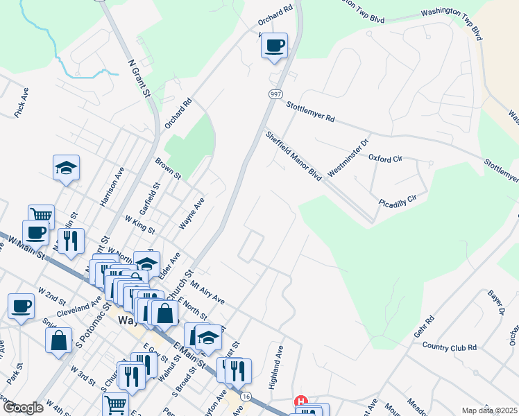 map of restaurants, bars, coffee shops, grocery stores, and more near 408 Sunny Drive in Waynesboro