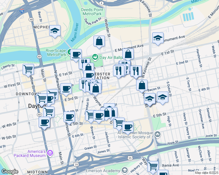 map of restaurants, bars, coffee shops, grocery stores, and more near 601 East 3rd Street in Dayton