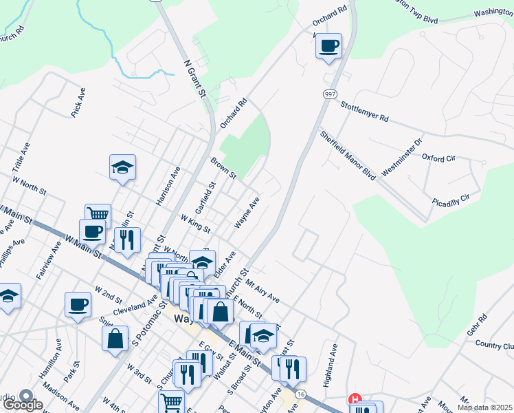 map of restaurants, bars, coffee shops, grocery stores, and more near 247 Wayne Avenue in Waynesboro