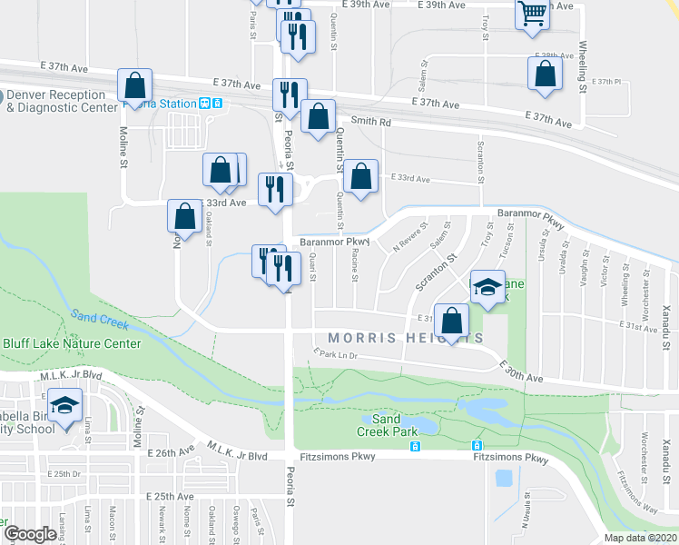 map of restaurants, bars, coffee shops, grocery stores, and more near 3181 Racine Street in Aurora