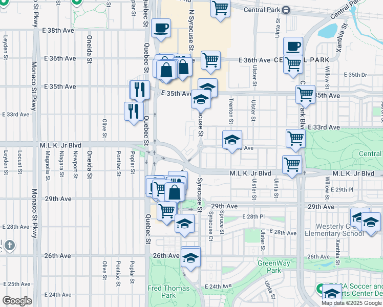 map of restaurants, bars, coffee shops, grocery stores, and more near 3201 Syracuse Street in Denver