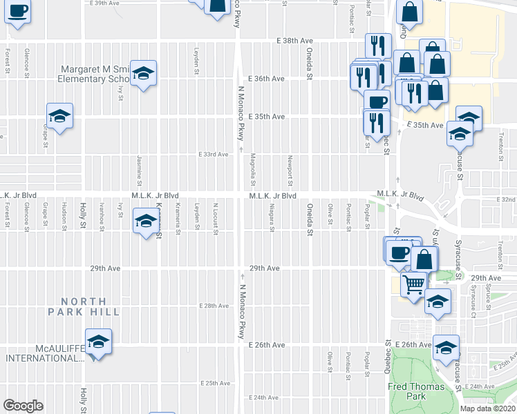map of restaurants, bars, coffee shops, grocery stores, and more near 3200 Magnolia Street in Denver
