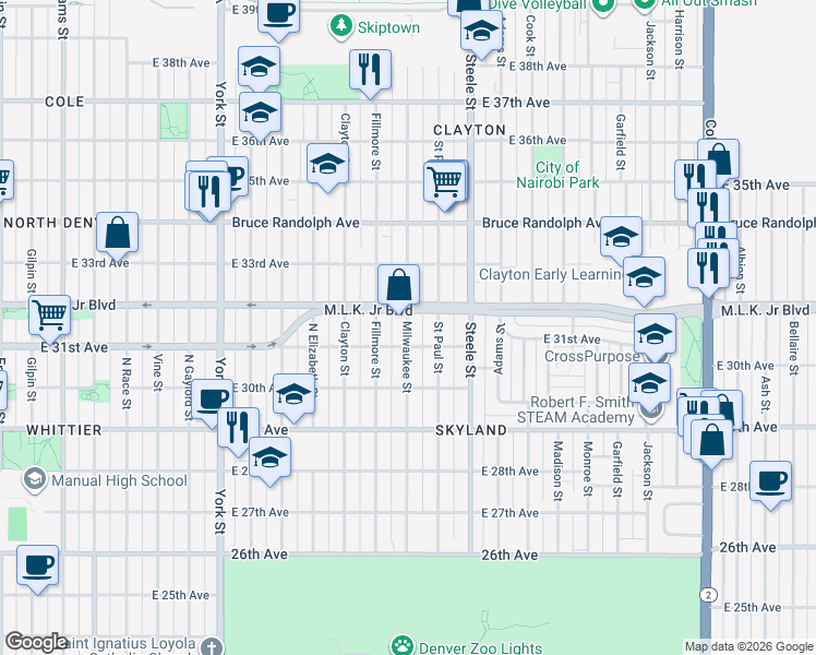 map of restaurants, bars, coffee shops, grocery stores, and more near 3200 Milwaukee Street in Denver