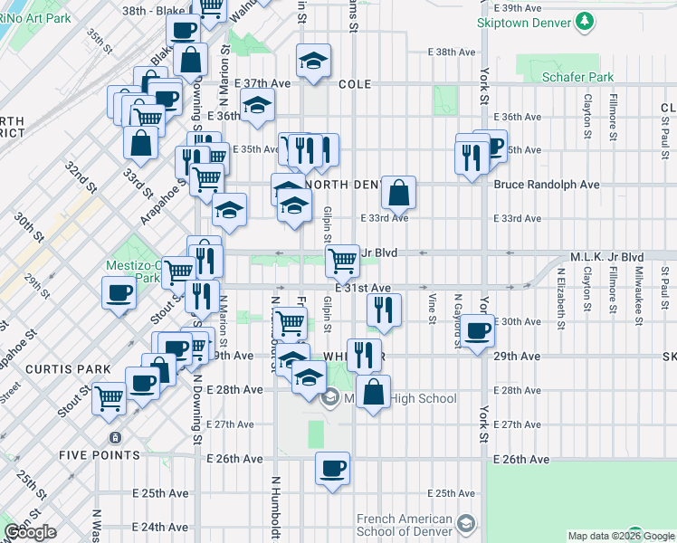 map of restaurants, bars, coffee shops, grocery stores, and more near in Denver
