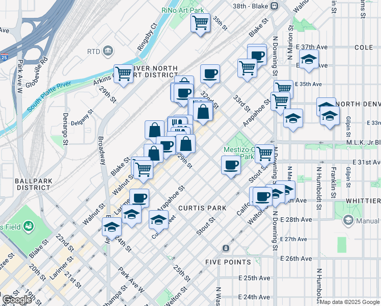 map of restaurants, bars, coffee shops, grocery stores, and more near 2990 Larimer Street in Denver