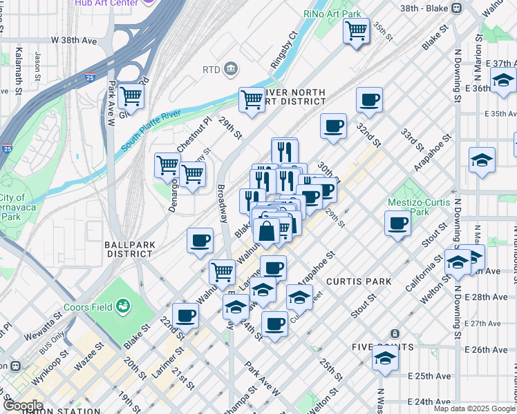 map of restaurants, bars, coffee shops, grocery stores, and more near 2763 Blake Street in Denver