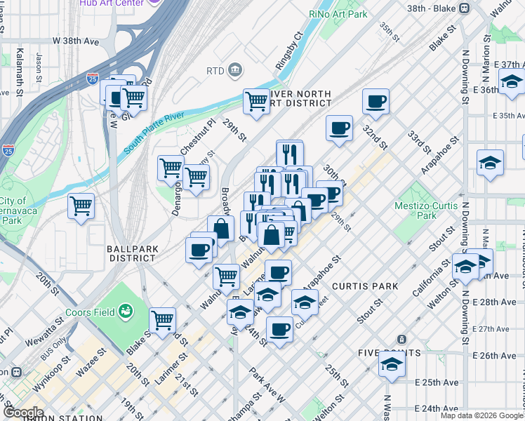 map of restaurants, bars, coffee shops, grocery stores, and more near 2715 Blake St in Denver