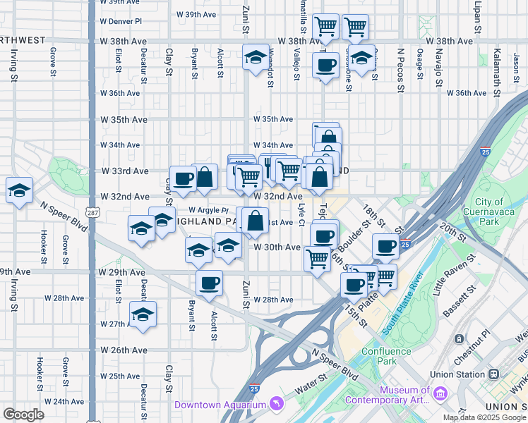 map of restaurants, bars, coffee shops, grocery stores, and more near 3161 Wyandot Street in Denver