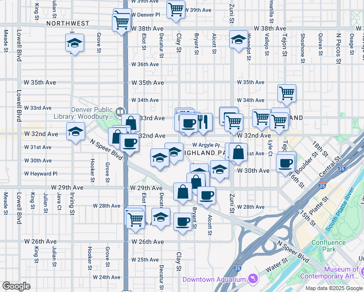 map of restaurants, bars, coffee shops, grocery stores, and more near in Denver