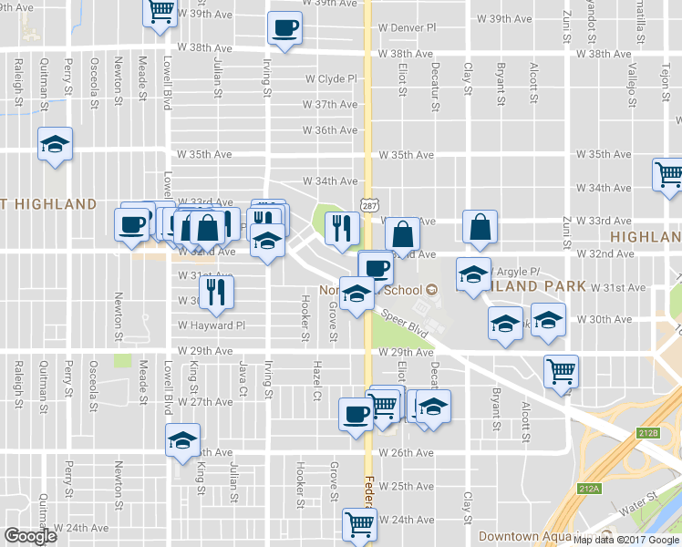 map of restaurants, bars, coffee shops, grocery stores, and more near 3106 West 32nd Avenue in Denver