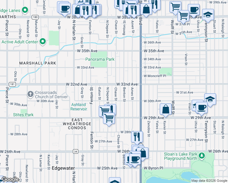map of restaurants, bars, coffee shops, grocery stores, and more near 3195 Chase Street in Wheat Ridge