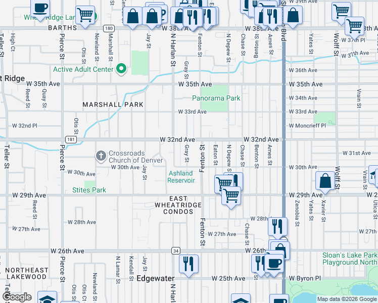 map of restaurants, bars, coffee shops, grocery stores, and more near 3190 Gray Street in Denver