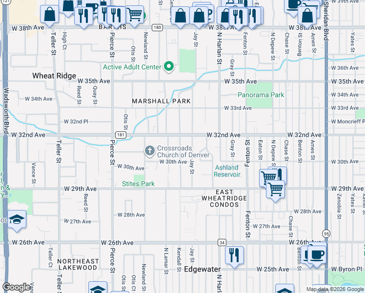 map of restaurants, bars, coffee shops, grocery stores, and more near 6250 West 32nd Avenue in Wheat Ridge