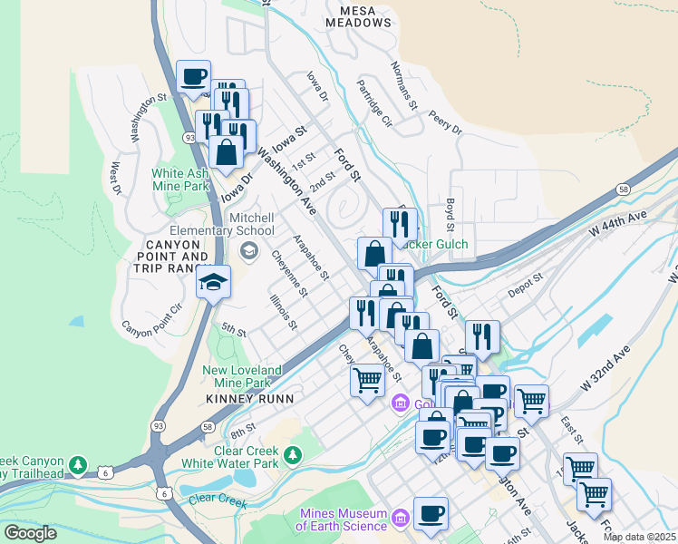 map of restaurants, bars, coffee shops, grocery stores, and more near 408 Washington Avenue in Golden