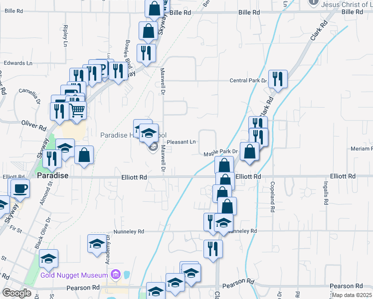 map of restaurants, bars, coffee shops, grocery stores, and more near 1017 Pleasant Lane in Paradise