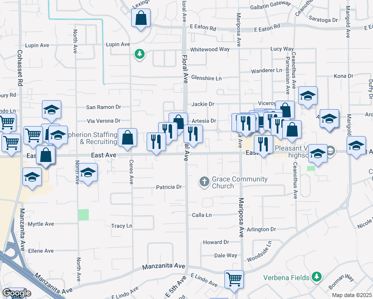 map of restaurants, bars, coffee shops, grocery stores, and more near 2511 Floral Avenue in Chico