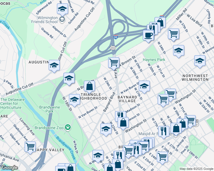 map of restaurants, bars, coffee shops, grocery stores, and more near 906 West 24th Street in Wilmington