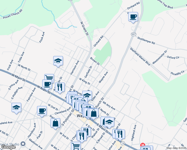 map of restaurants, bars, coffee shops, grocery stores, and more near 107 Linden Avenue in Waynesboro