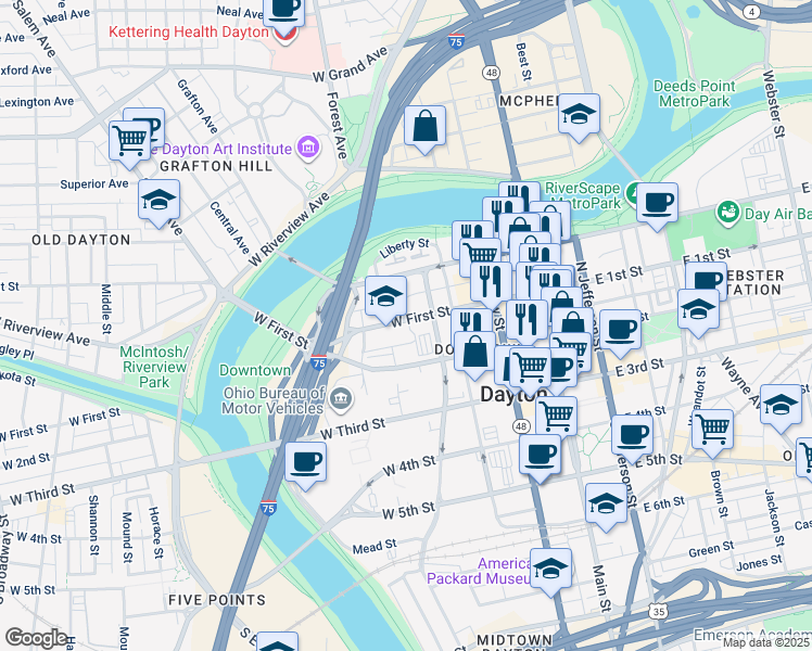 map of restaurants, bars, coffee shops, grocery stores, and more near 301 West First Street in Dayton