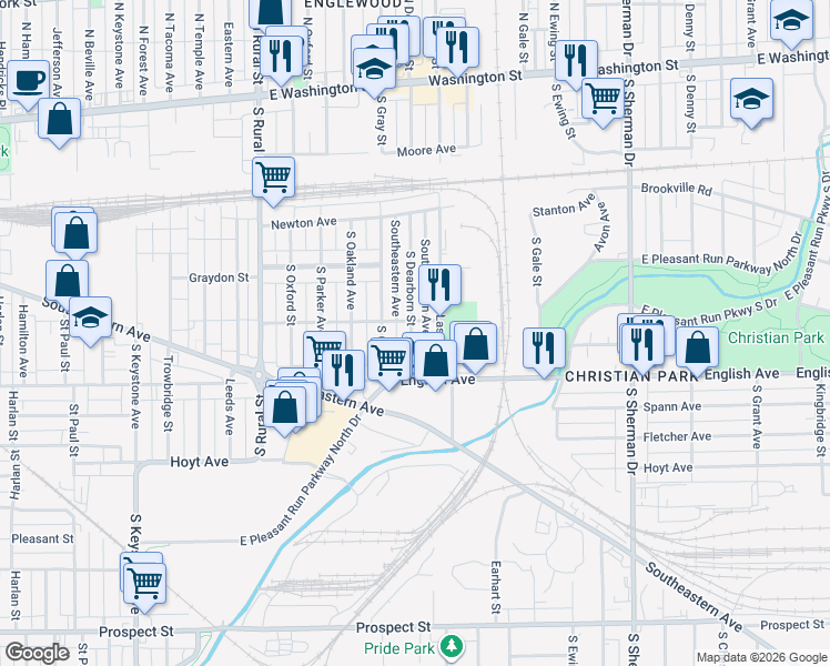 map of restaurants, bars, coffee shops, grocery stores, and more near 349 South Dearborn Street in Indianapolis